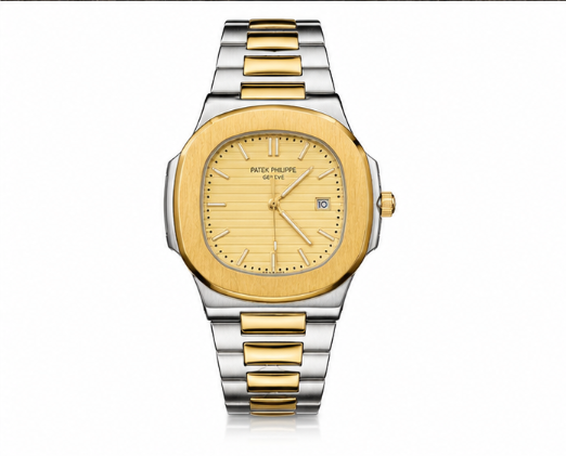 A two-tone stainless steel and yellow gold wristwatch with an octagonal bezel, gold dial, and matching two-tone link bracelet, shown against a plain white background.