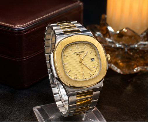 A two-tone stainless steel and yellow gold wristwatch with an octagonal bezel, gold dial, and matching two-tone link bracelet, shown against a plain white background.